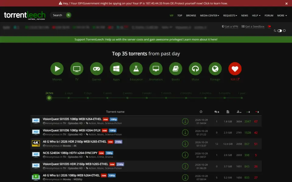 TorrentLeech homepage screenshot